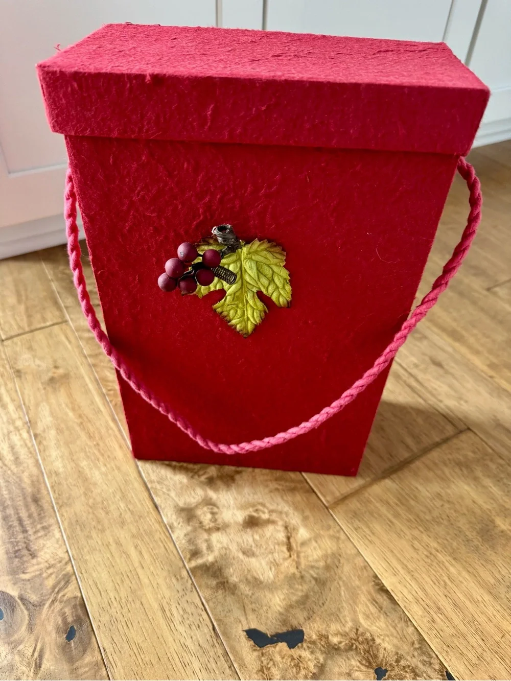 Red Decorative Gift Box with Leaf & Berry Accent